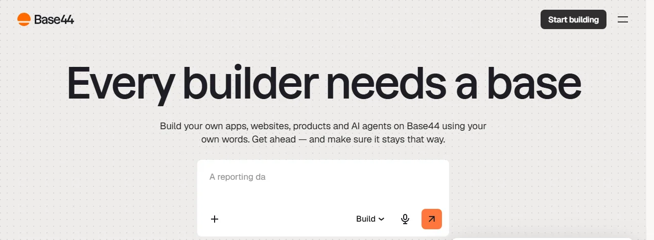 Le site officiel de Base44 page d'accueil officielle de base44 : on decrit son application dans un champ de prompt