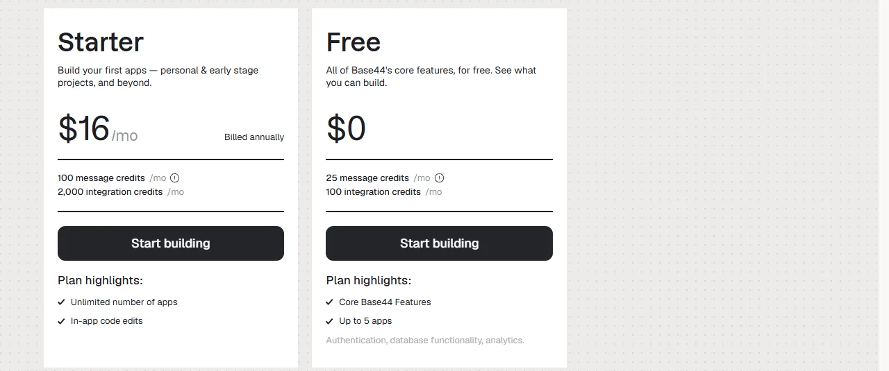 Les plans Starter et Free de Base44 (17/07/2026) page tarifs officielle de base44 : starter a 16 dollars par mois et plan free a 0 dollar