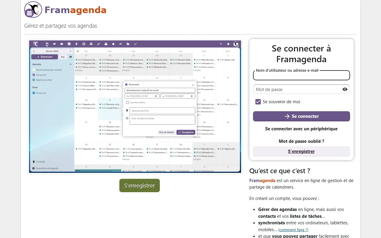 Framagenda interface de framagenda : agenda partage et fenetre de connexion