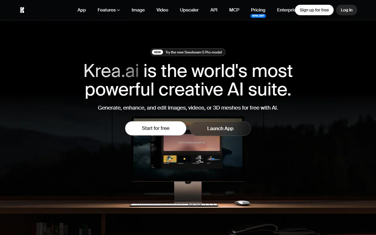 Krea AI page d'accueil de krea ai, la suite creative par intelligence artificielle