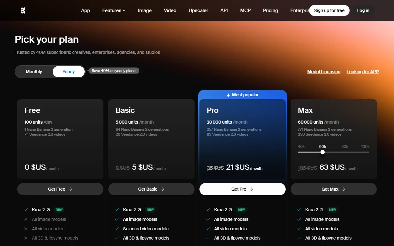 Tarifs Krea AI grille tarifaire krea ai : free, basic, pro et max avec leurs unites de calcul