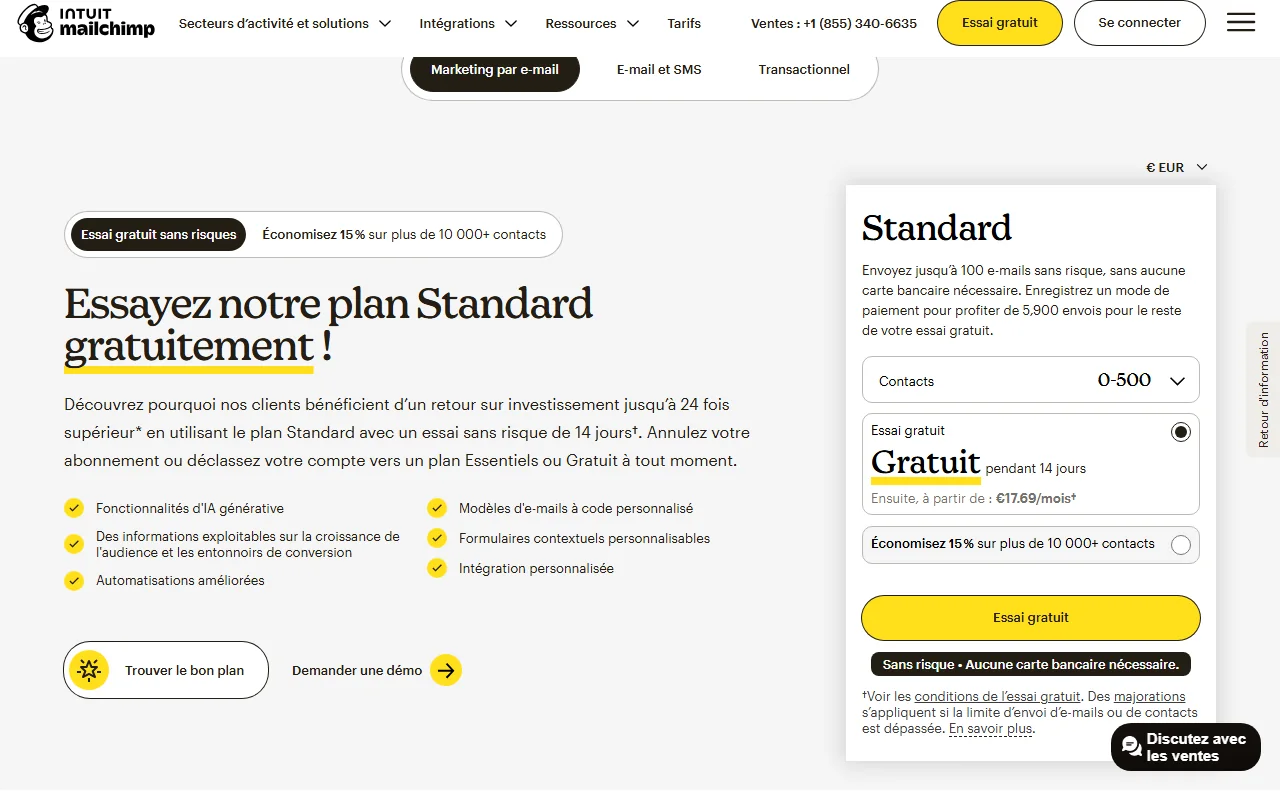 Tarifs Mailchimp grille tarifaire mailchimp avec l'offre standard et son essai gratuit