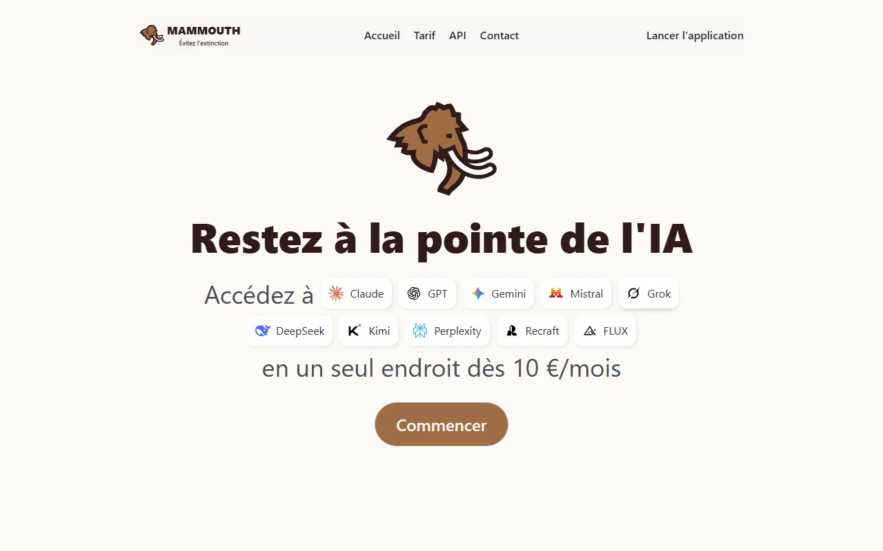 Mammouth AI page d'accueil de mammouth ai et la liste des modeles accessibles