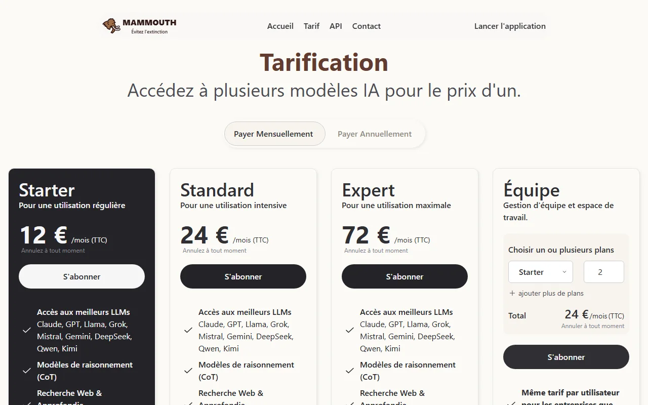 Tarifs Mammouth AI grille tarifaire mammouth ai : starter, standard, expert et equipe