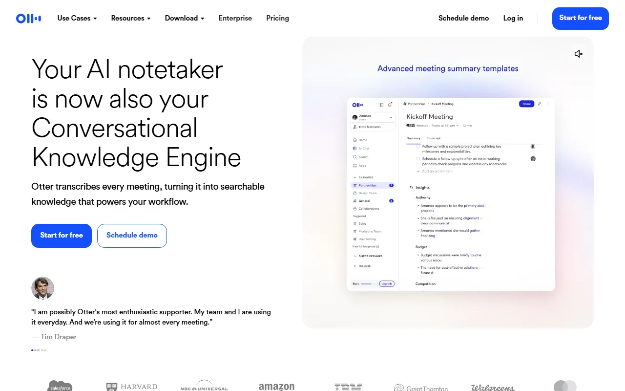 Otter AI page d'accueil d'otter ai montrant un compte rendu de reunion transcrit