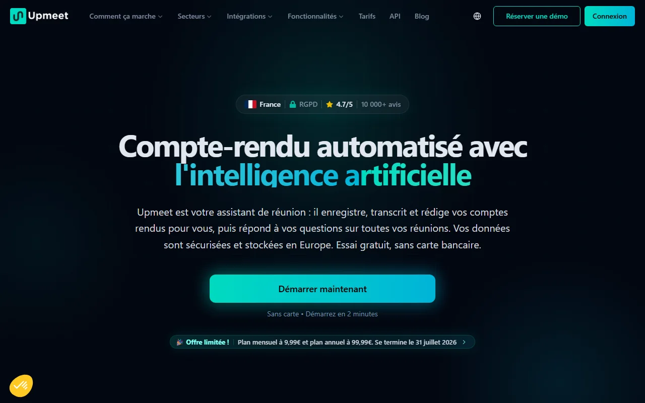Upmeet page d'accueil d'upmeet, l'assistant de reunion par intelligence artificielle