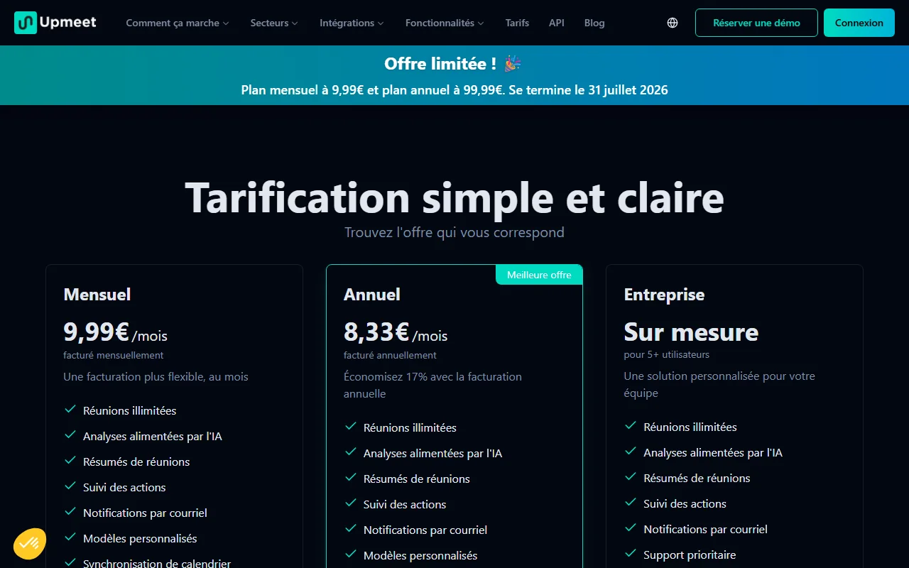 Tarifs Upmeet grille tarifaire upmeet : mensuel, annuel et offre entreprise
