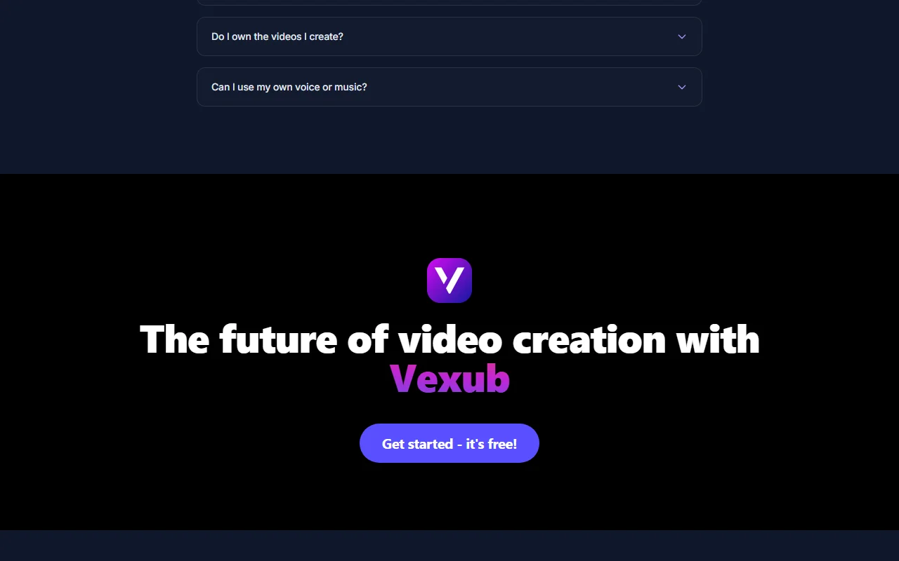 Vexub page d'accueil de vexub, le createur de videos par intelligence artificielle
