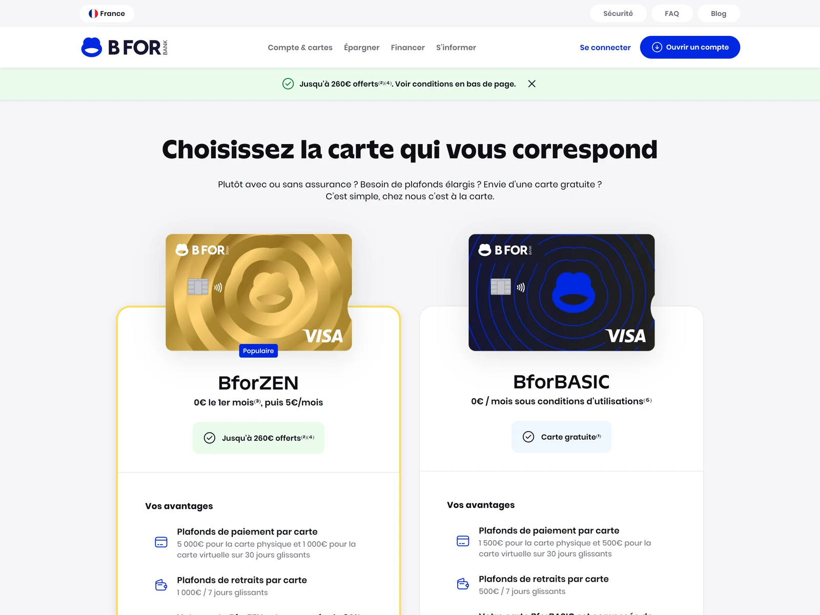 les deux cartes bforbank et leurs conditions, capturees le 13 aout 2026 sur bforbank.com