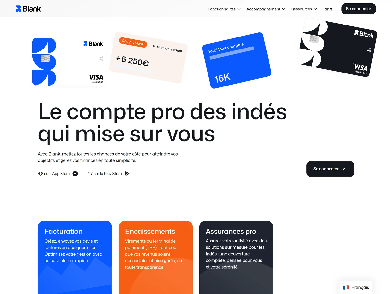 page d accueil de Blank, compte pro des independants