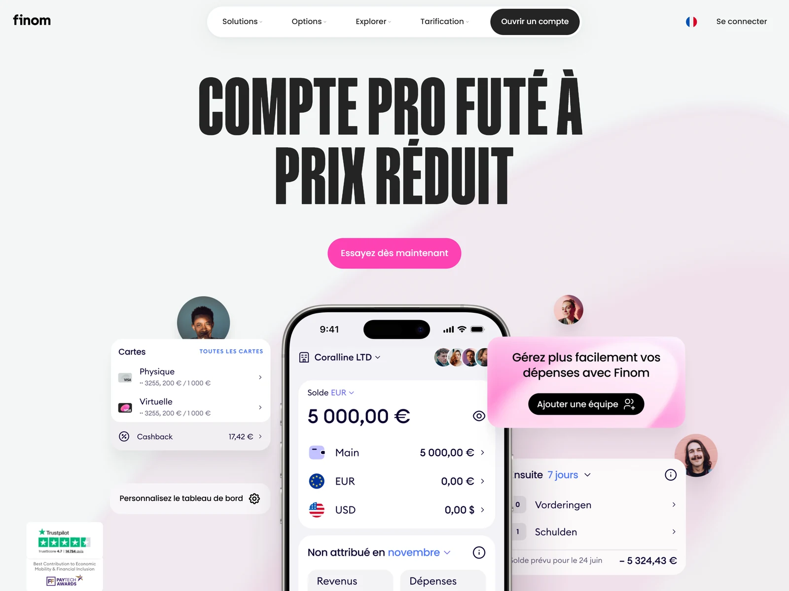 page d accueil de Finom, compte pro en ligne europeen