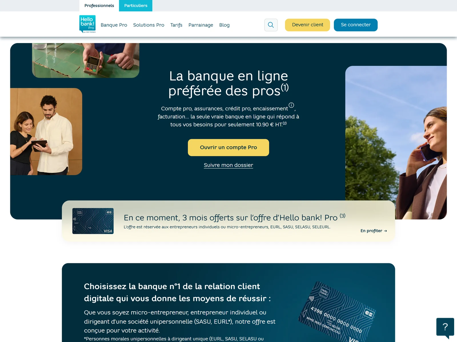page d accueil de Hello bank Pro, compte professionnel BNP Paribas