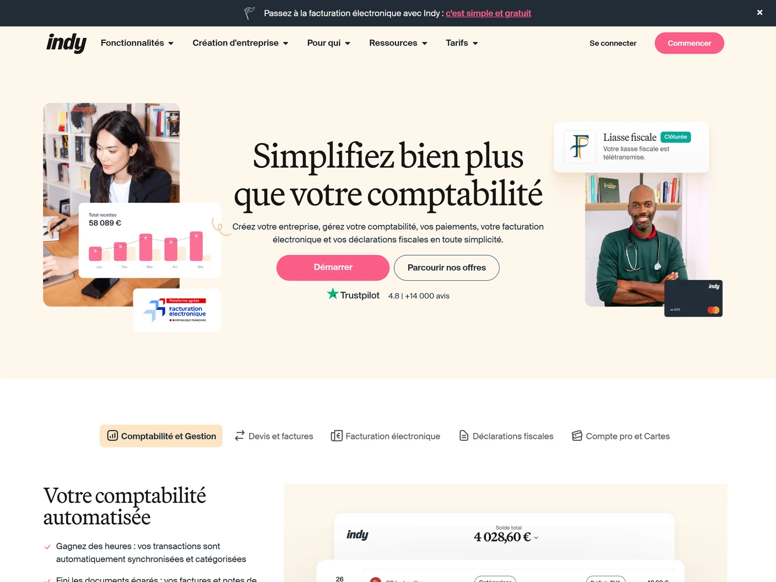 page d accueil d Indy, compte pro gratuit et comptabilite