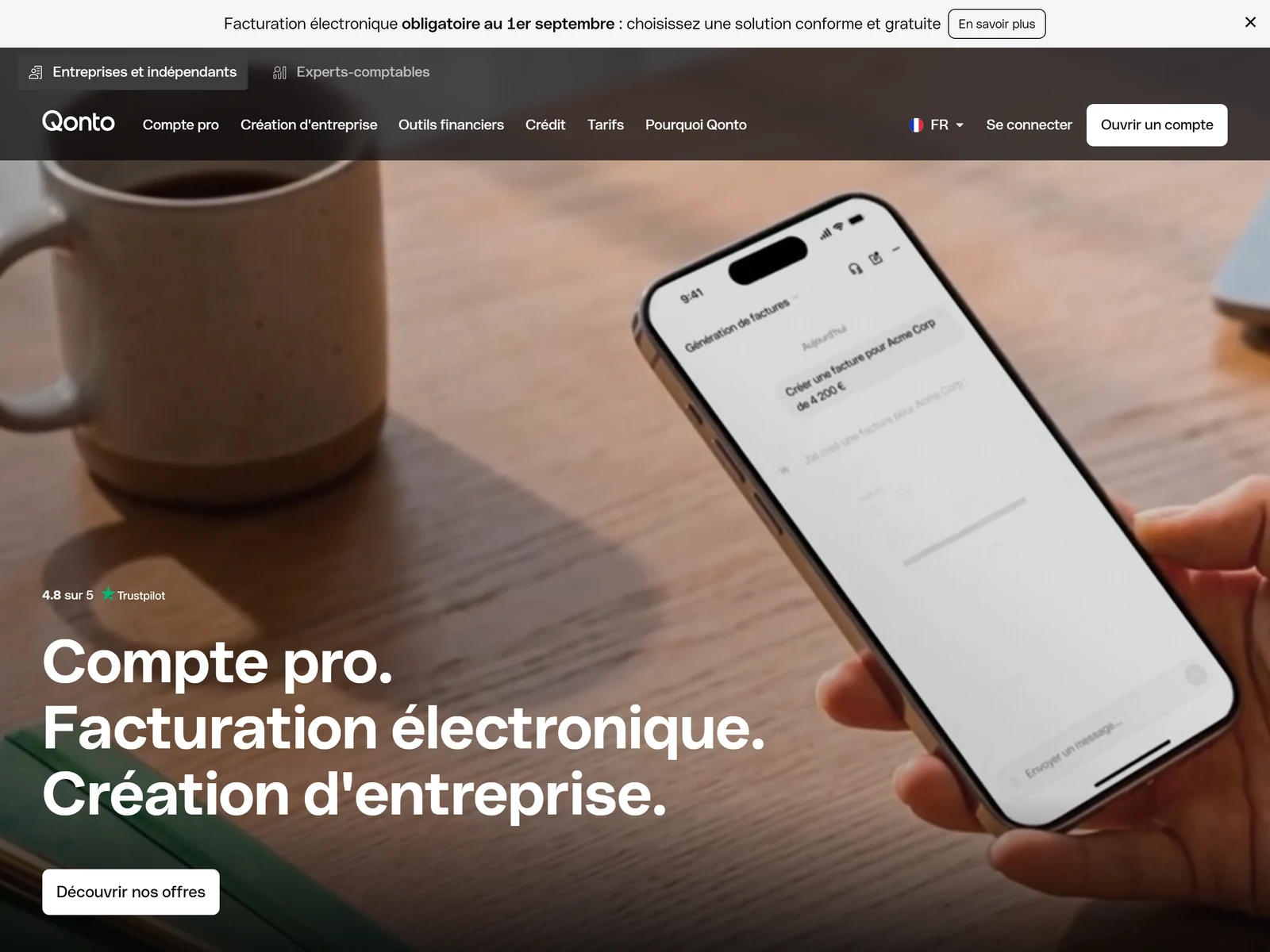 page d accueil de Qonto, compte pro en ligne