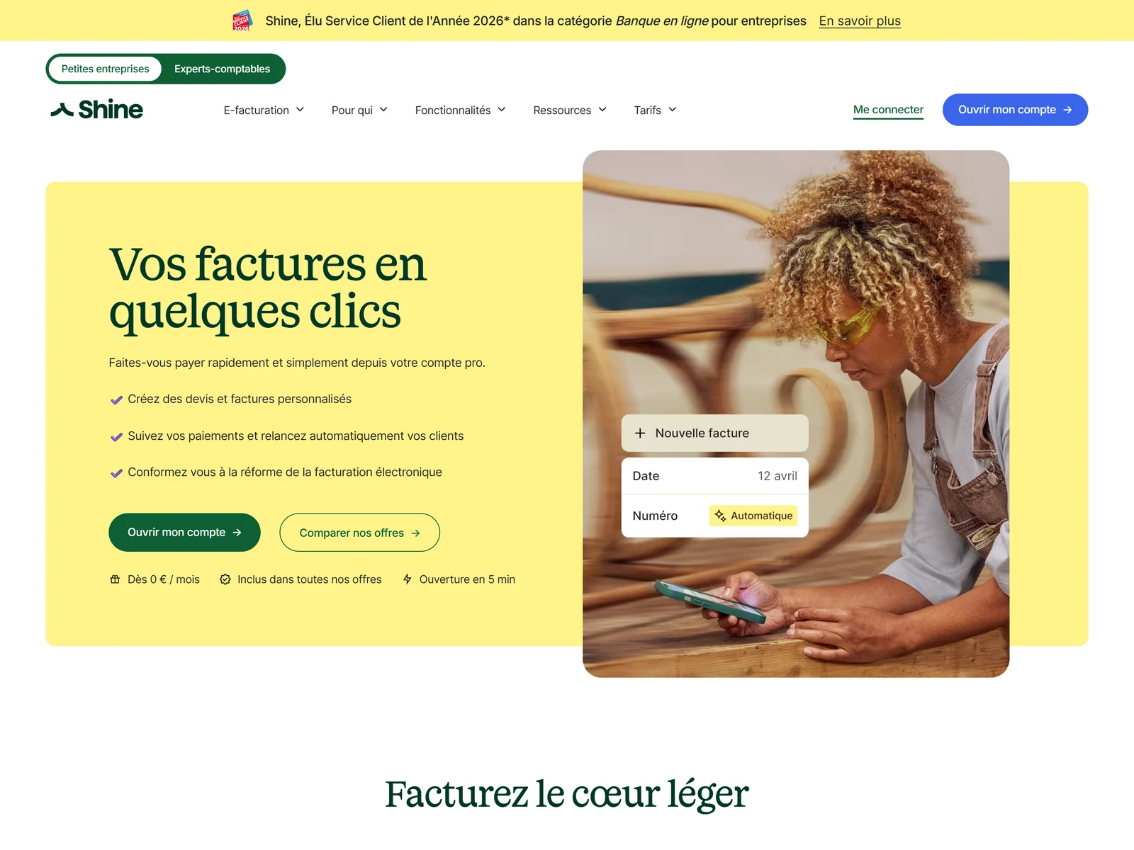 outil de facturation shine, capture le 13 aout 2026 sur shine.fr