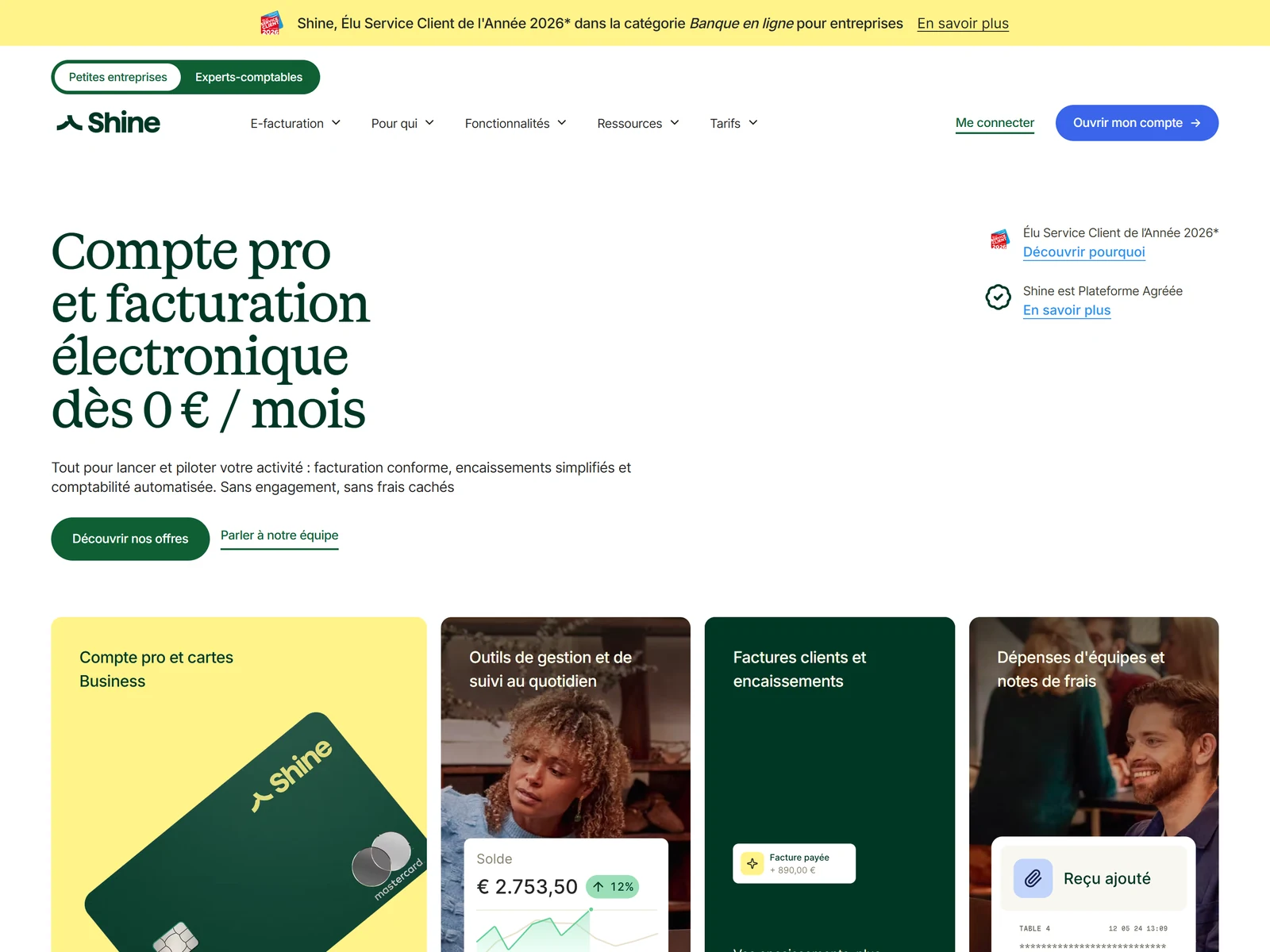 page d accueil de Shine, compte pro en ligne