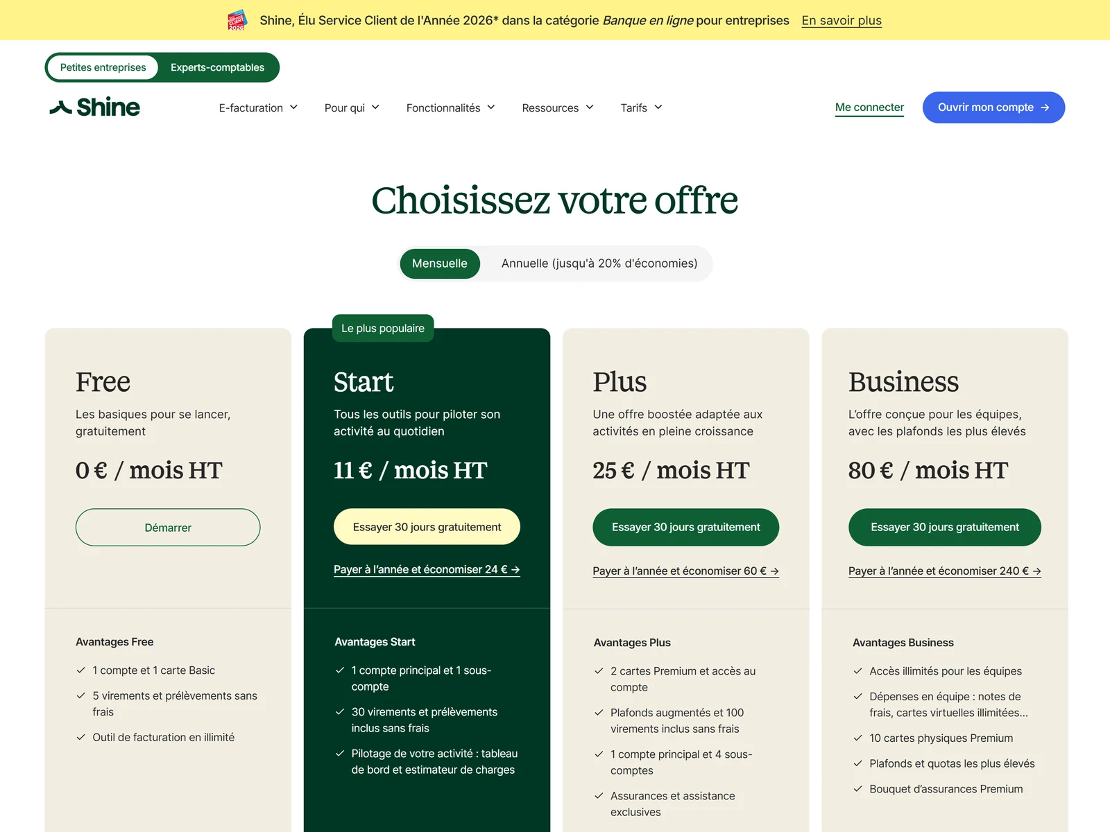 grille tarifaire officielle de shine, capturee le 13 aout 2026 sur shine.fr