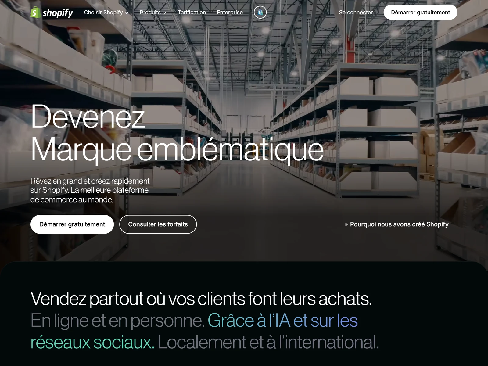 page d accueil de shopify, capturee le 13 aout 2026 sur shopify.com