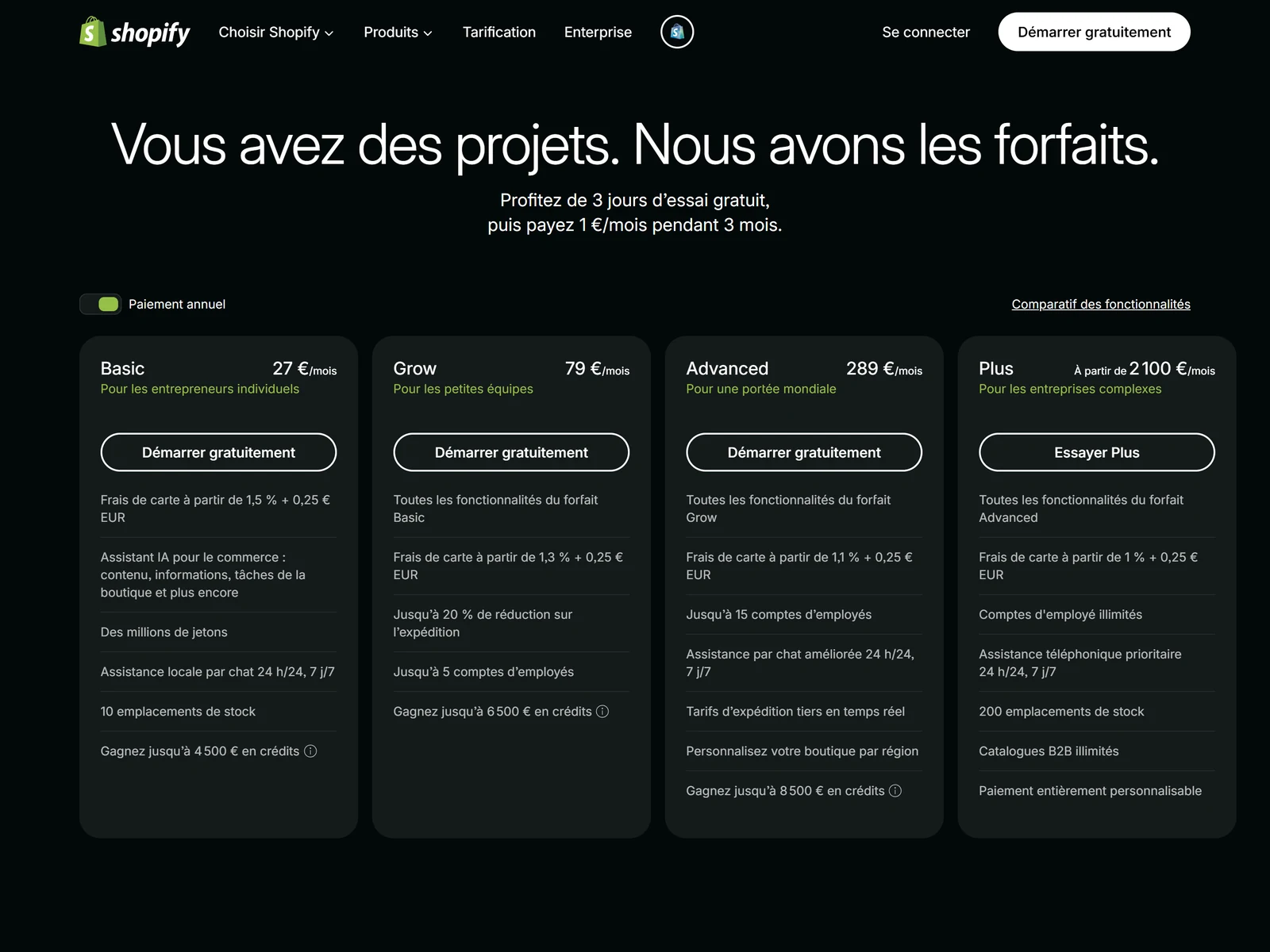 grille tarifaire officielle de shopify, capturee le 13 aout 2026 sur shopify.com