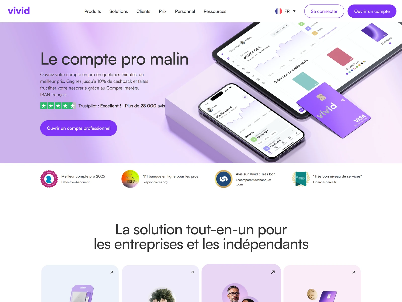 page d accueil de Vivid, compte pro avec remuneration du solde