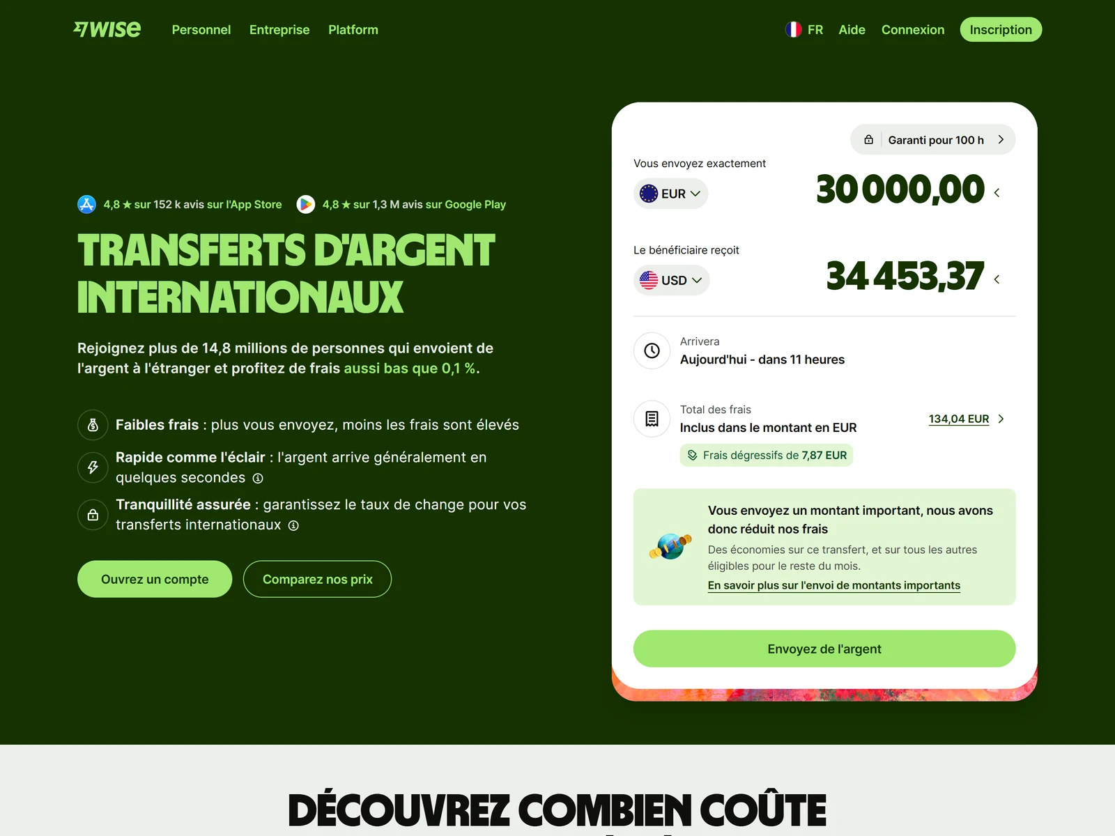 simulateur de transfert wise, capture le 13 aout 2026 sur wise.com